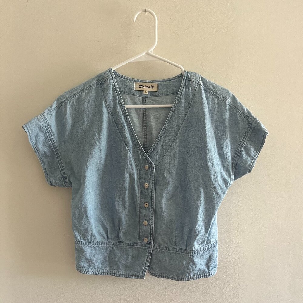 Madewell Washed Light Blue Denim Cropped Button-Up Top